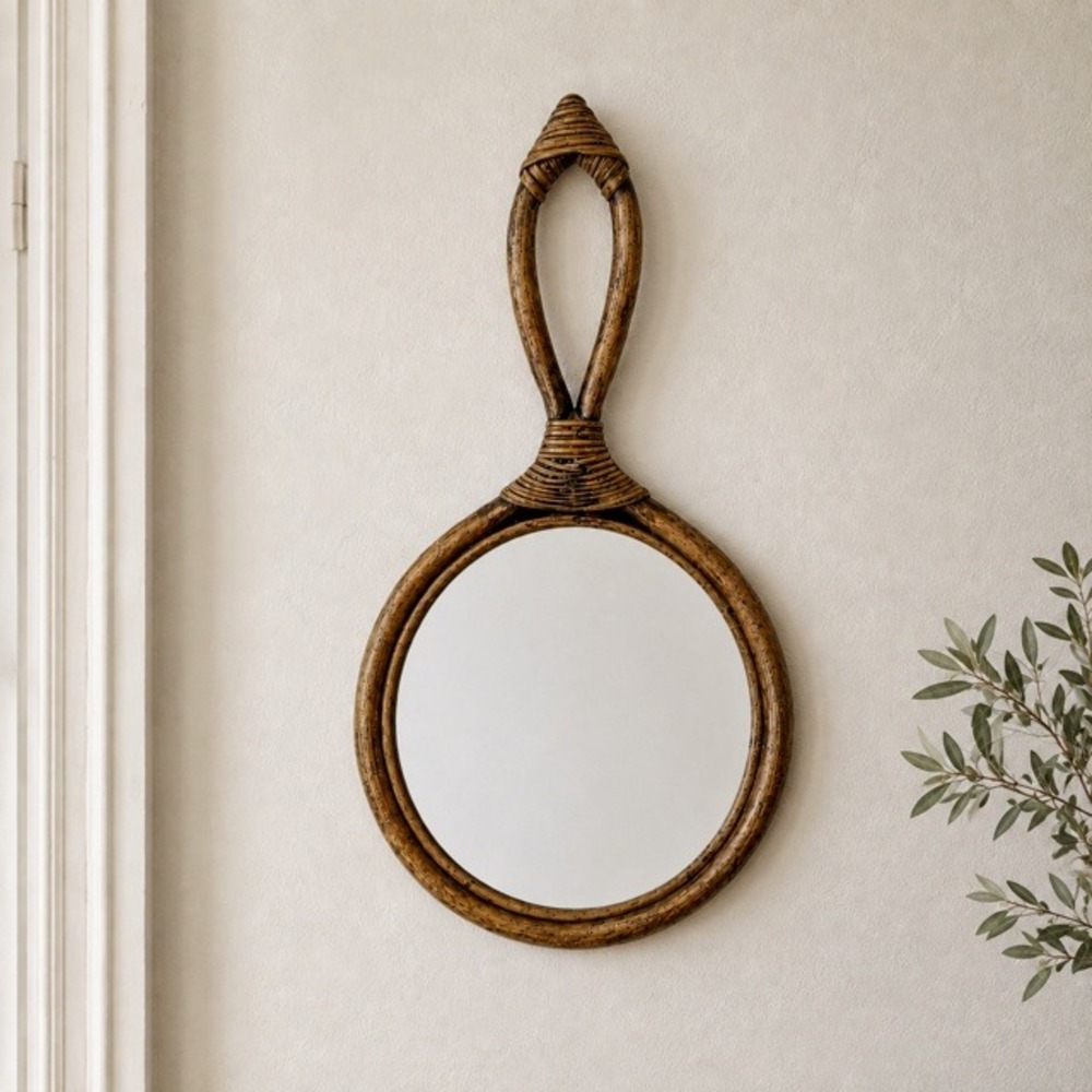 Vintage Rattan Wood Hand Mirror 15.5" Round 8" Woven Wicker Boho Vanity Decor